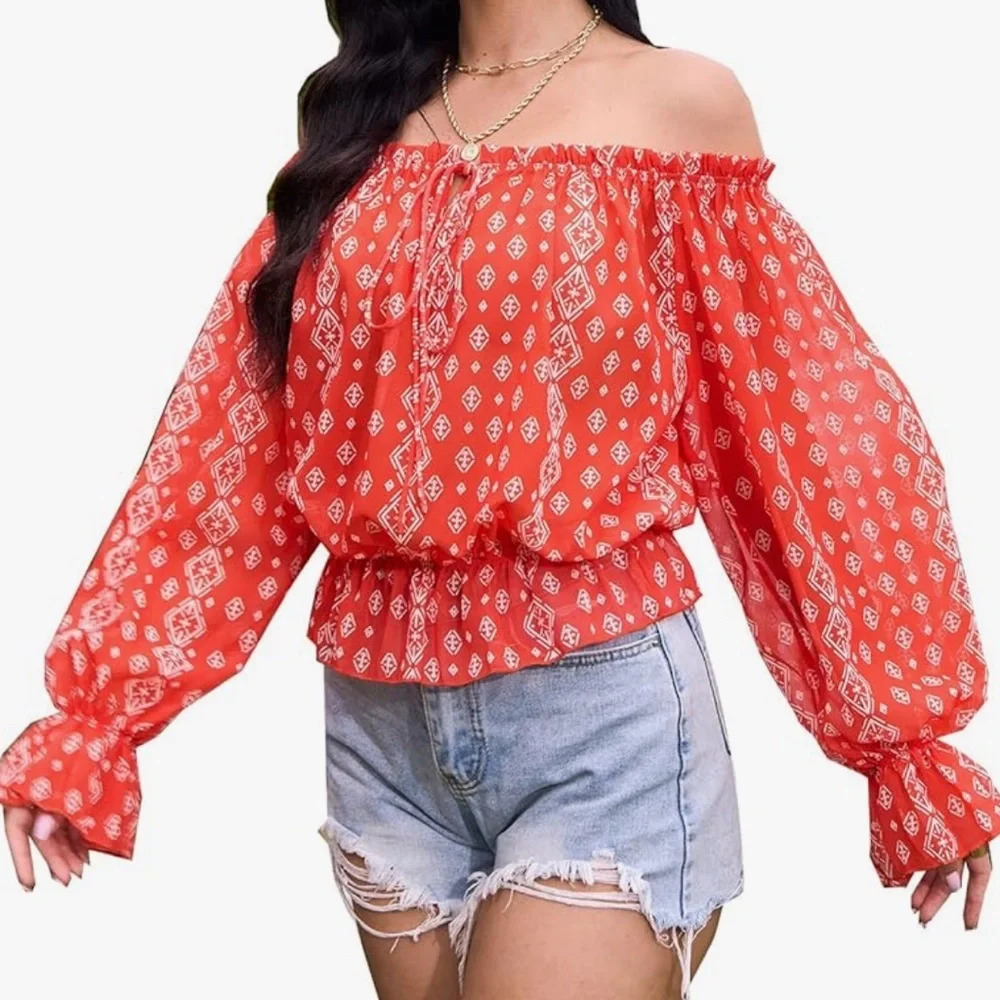 Off The Shoulder Long Sleeve Casual Summer Printed Tunic Shirt Blouse Top Red XL